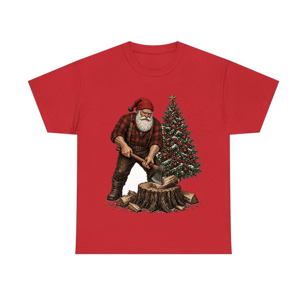 Lumberjack Santa Chopping Wood personalised Christmas T-shirt in red