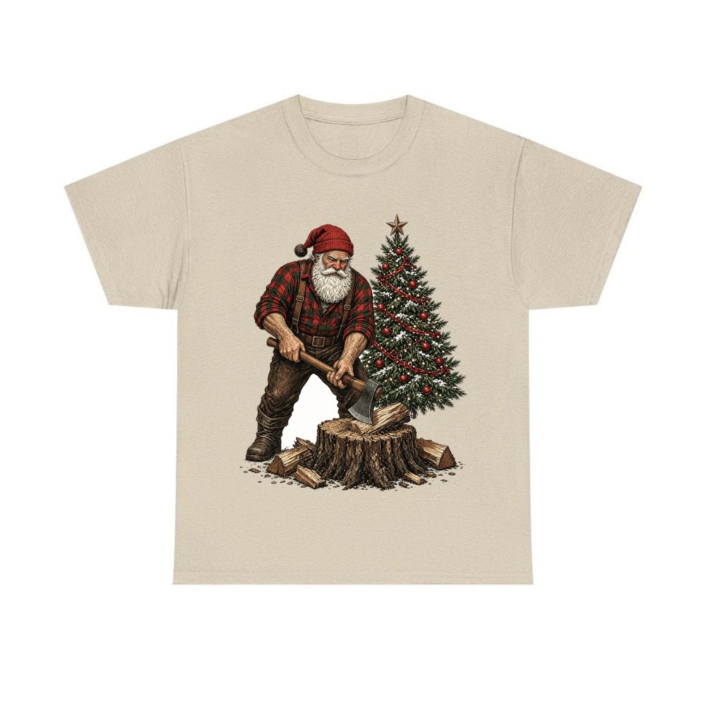 Lumberjack Santa Chopping Wood personalised Christmas T-shirt in sand