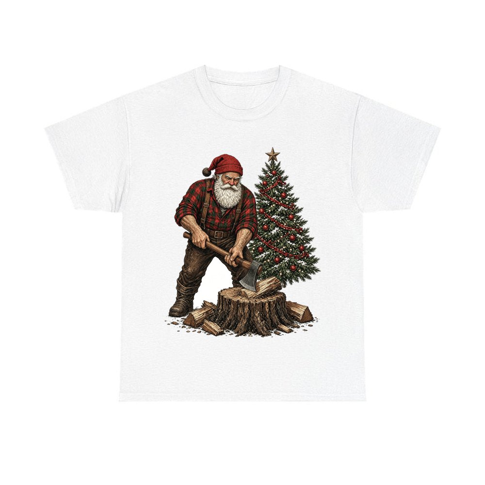 Lumberjack Santa Chopping Wood personalised Christmas T-shirt in white