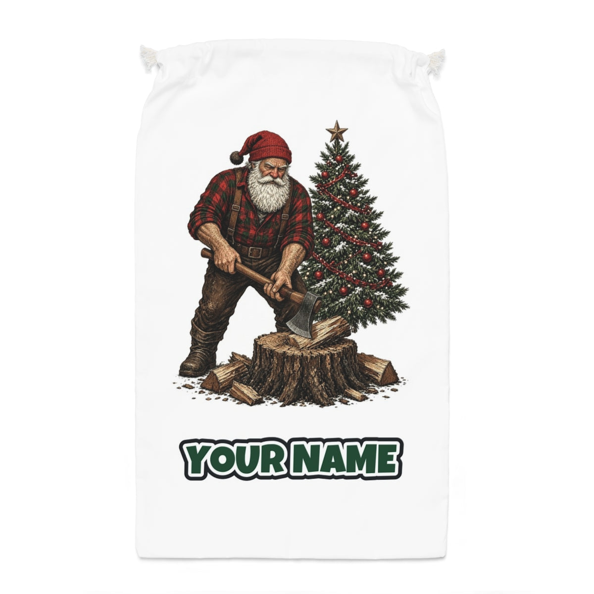 Lumberjack Santa Chopping Wood Santa sack laid flat, showing the full print