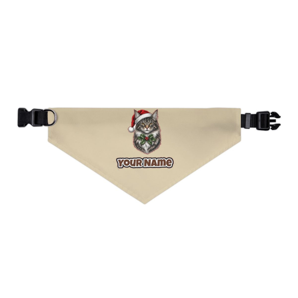 Maine Coon personalised Christmas pet bandana in beige, collar with buckle