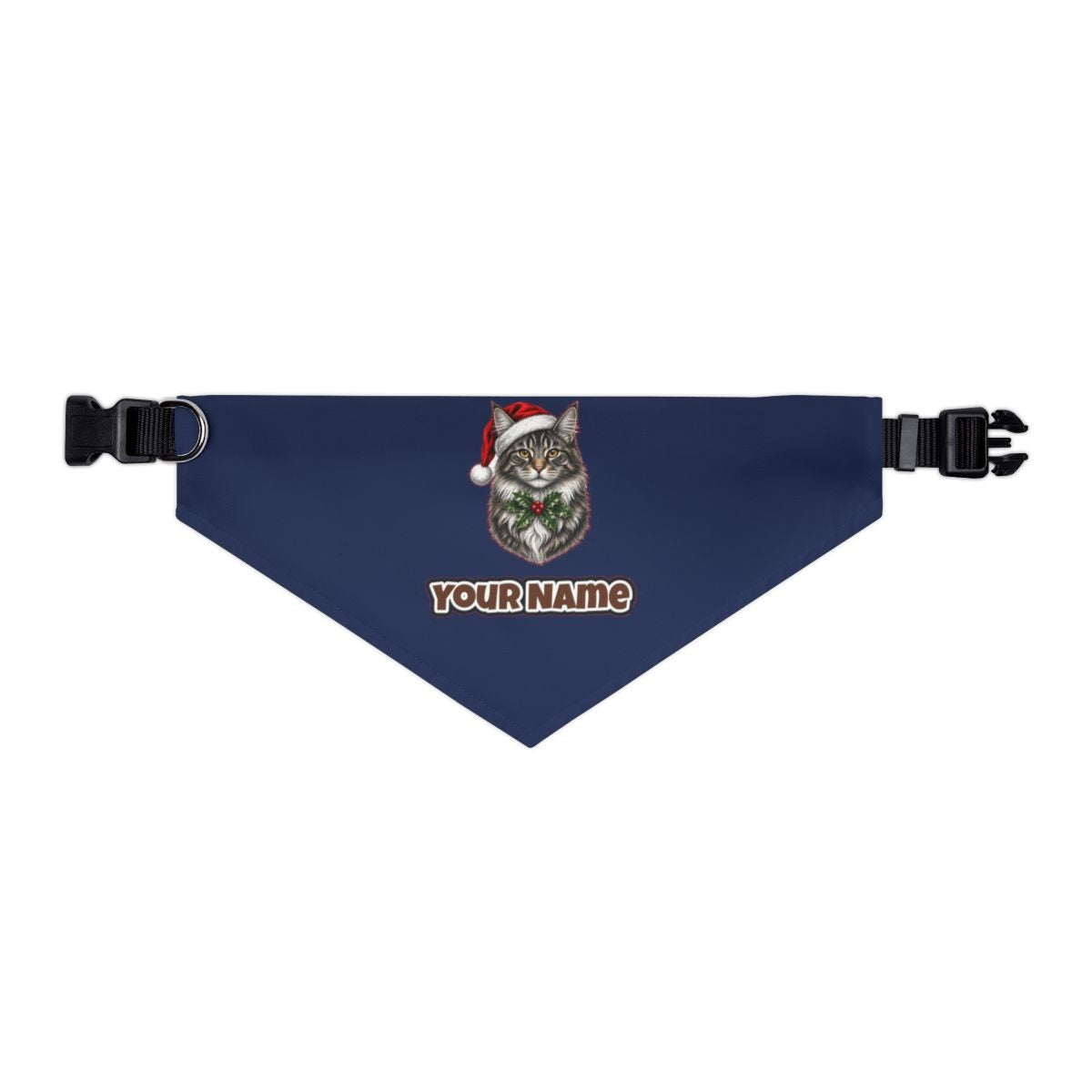 Maine Coon personalised Christmas pet bandana in navy, collar with buckle