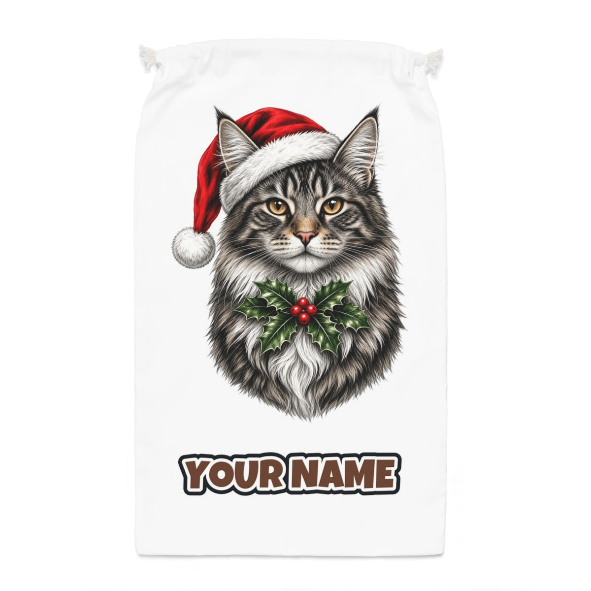 Maine Coon Santa sack laid flat, showing the full print