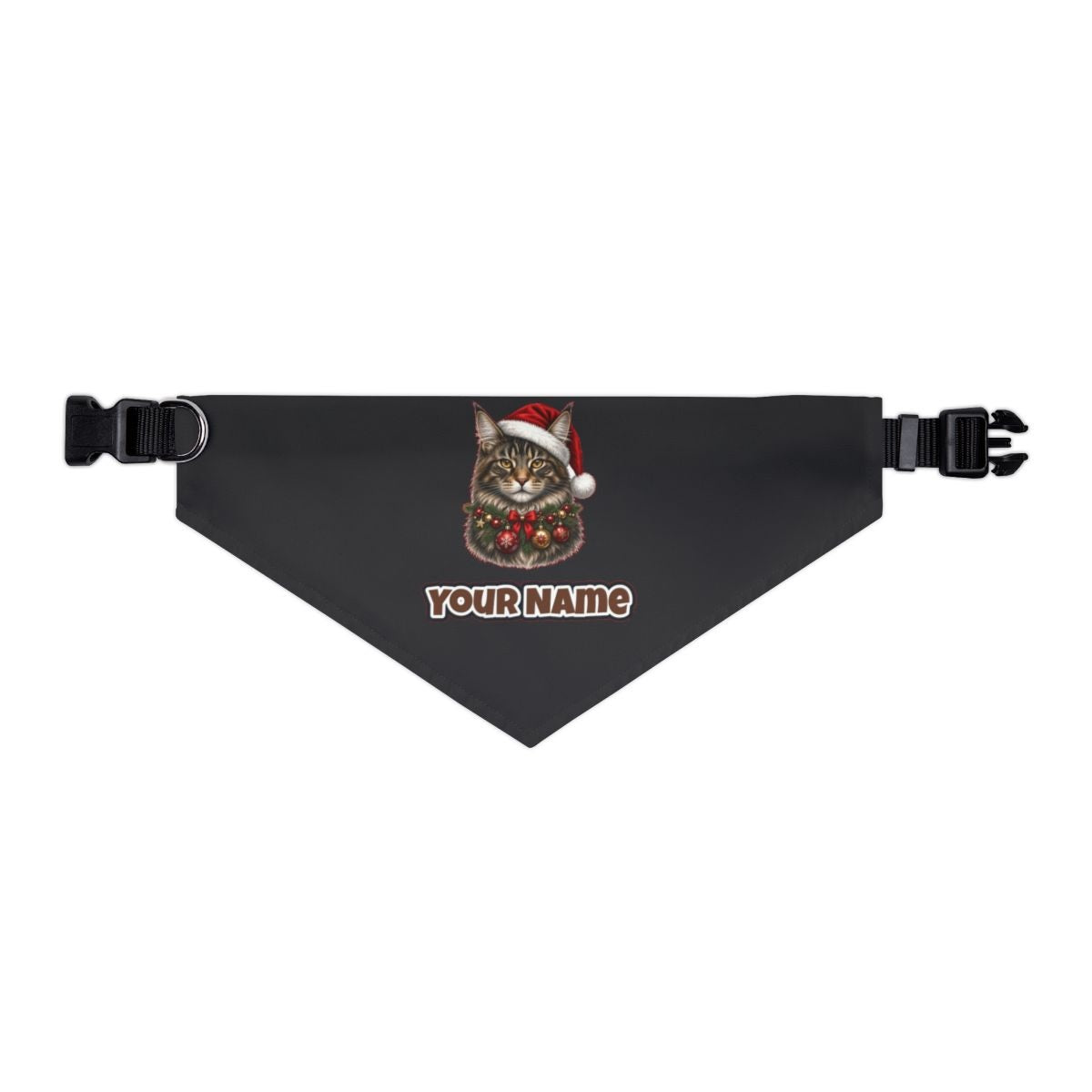 Maine Coon with Baubles personalised Christmas pet bandana in black, collar with buckle