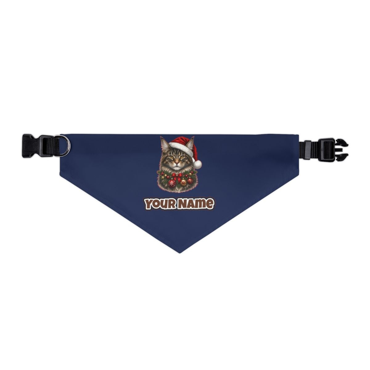 Maine Coon with Baubles personalised Christmas pet bandana in navy, collar with buckle