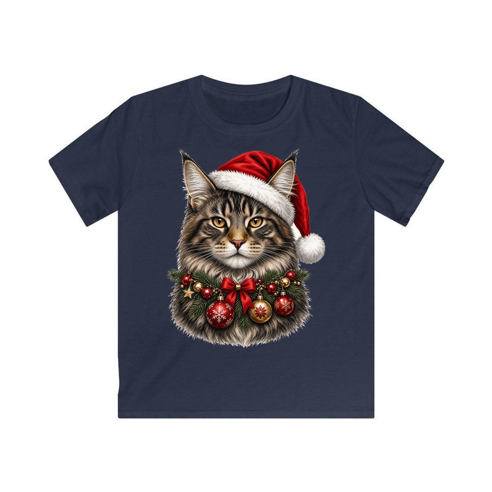 Maine Coon with Baubles personalised kids Christmas tee in navy