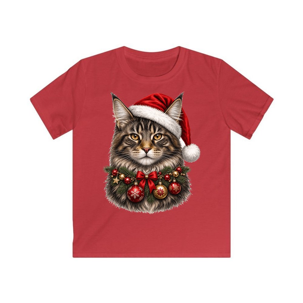 Maine Coon with Baubles personalised kids Christmas tee in red