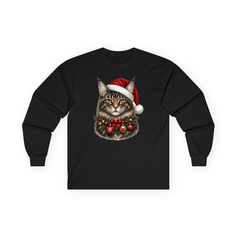 Maine Coon with Baubles personalised long sleeve Christmas T-shirt in black