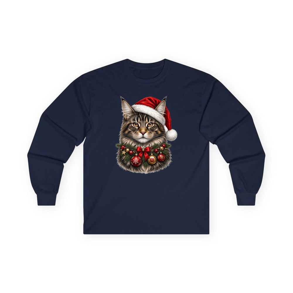 Maine Coon with Baubles personalised long sleeve Christmas T-shirt in navy