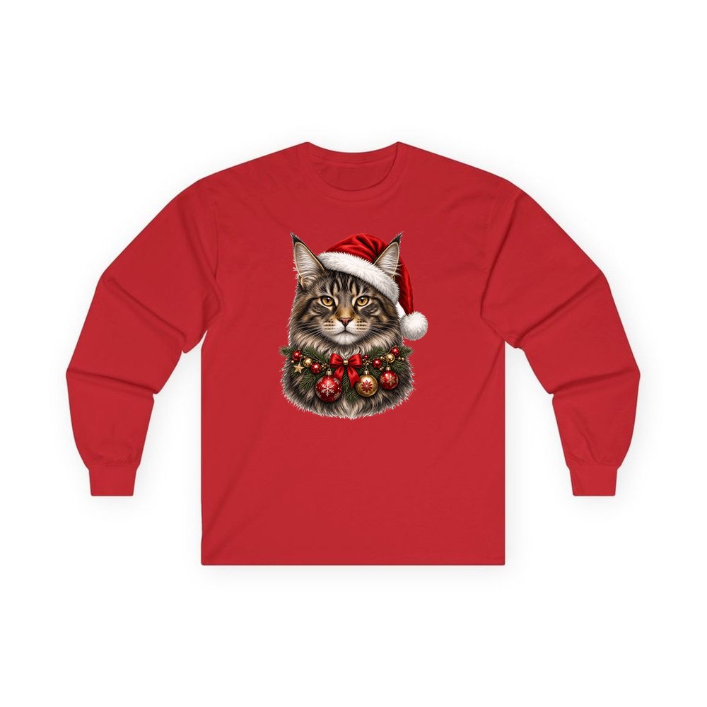 Maine Coon with Baubles personalised long sleeve Christmas T-shirt in red