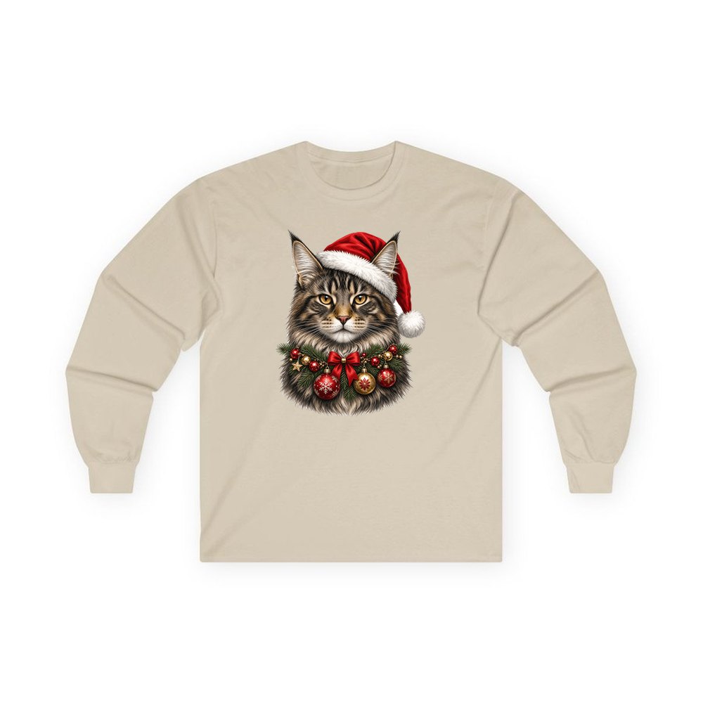 Maine Coon with Baubles personalised long sleeve Christmas T-shirt in sand