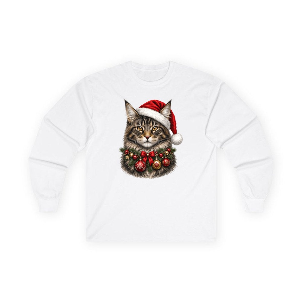 Maine Coon with Baubles personalised long sleeve Christmas T-shirt in white