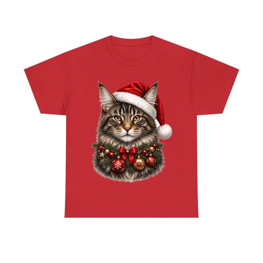 Maine Coon with Baubles personalised Christmas T-shirt in red