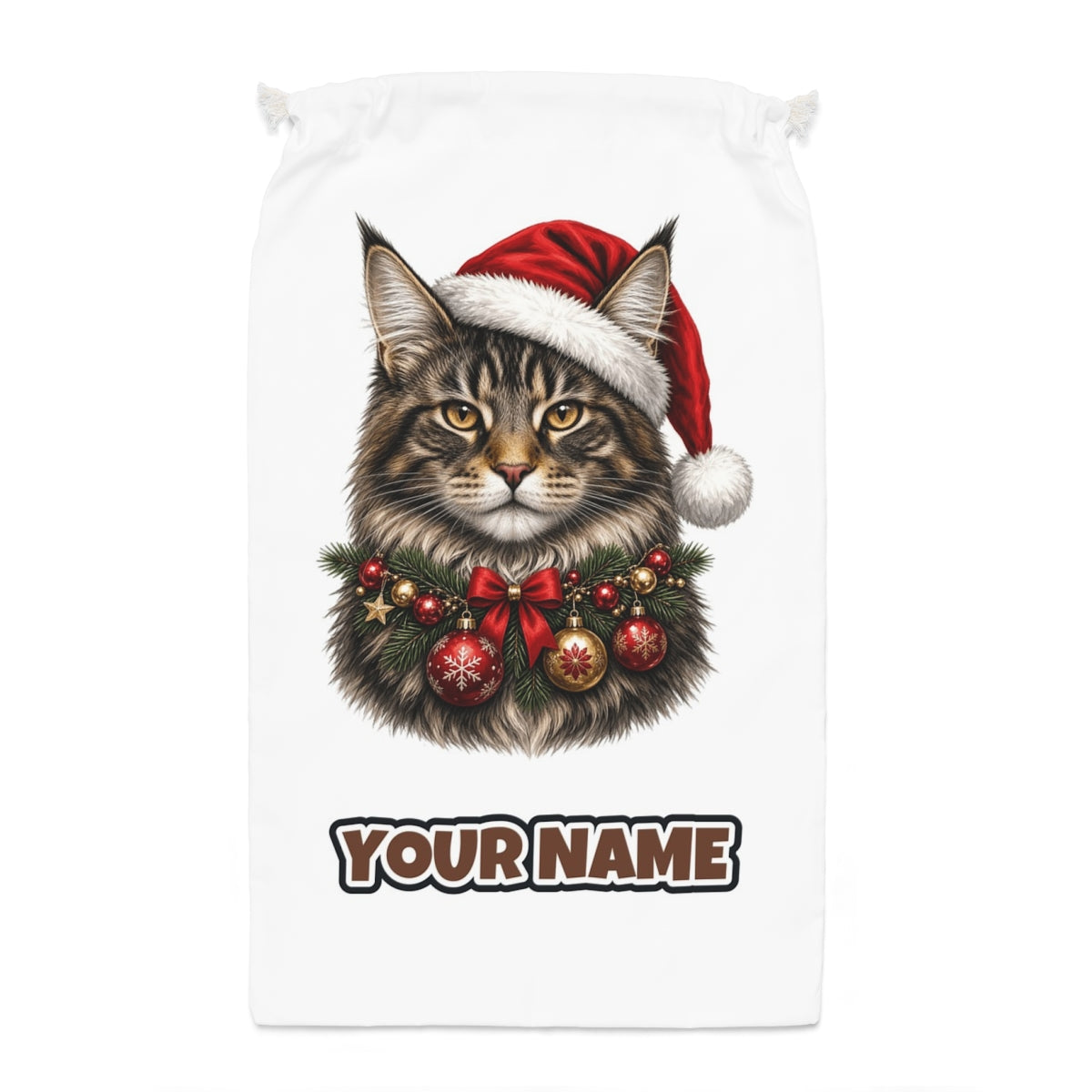 Maine Coon with Baubles Santa sack laid flat, showing the full print
