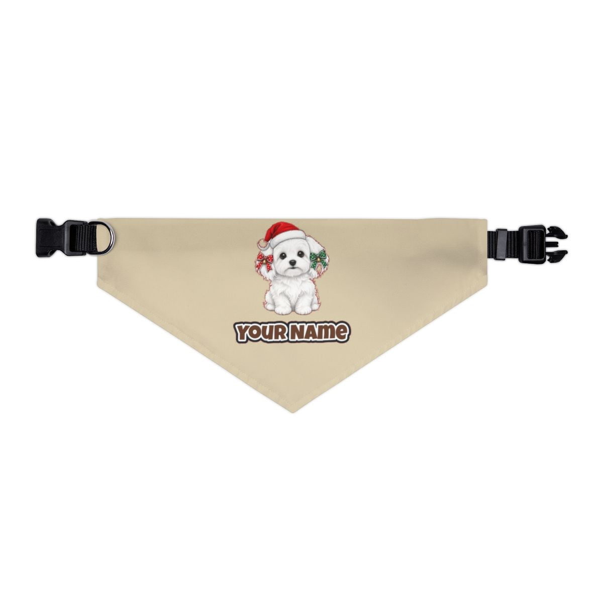 Maltese personalised Christmas pet bandana in beige, collar with buckle