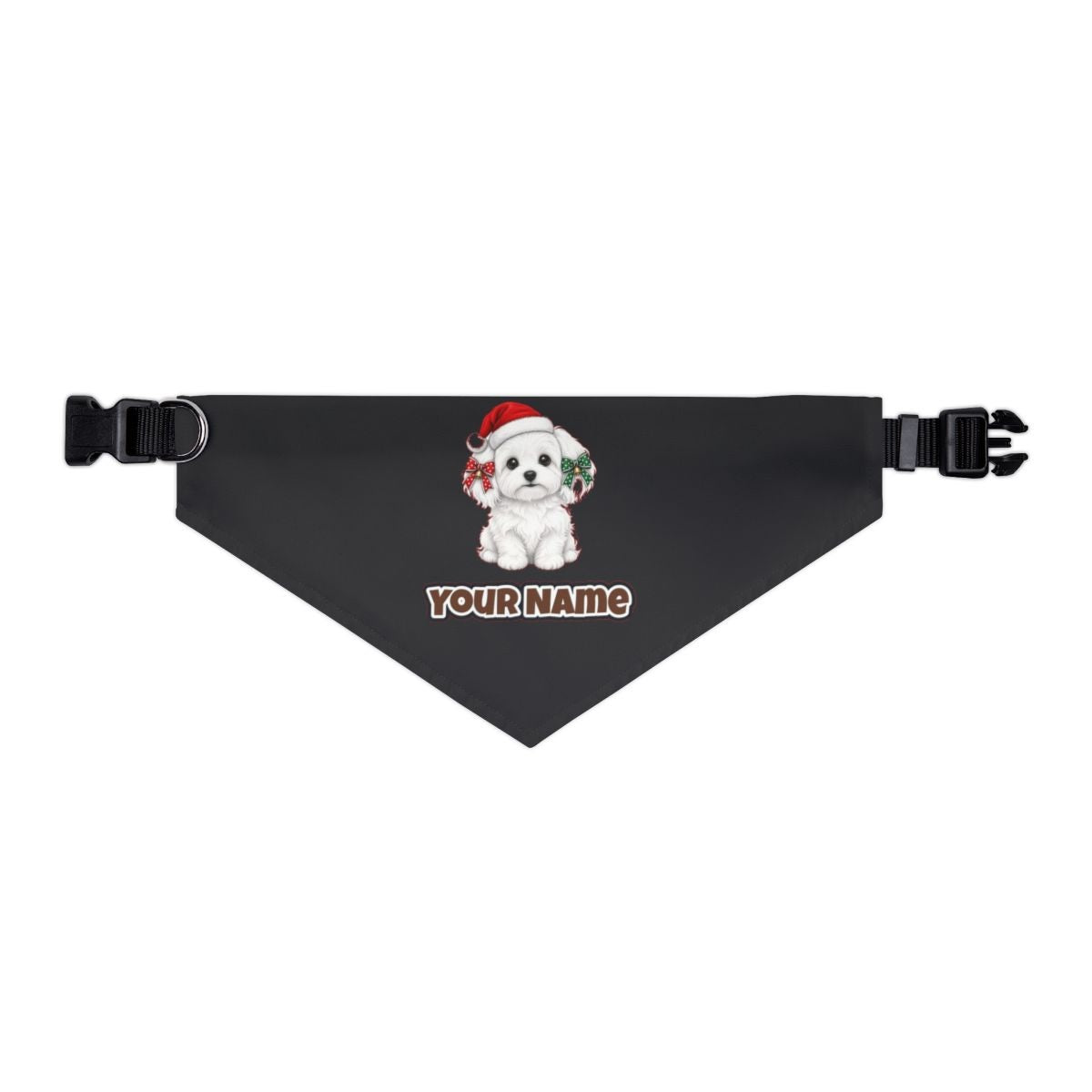 Maltese personalised Christmas pet bandana in black, collar with buckle