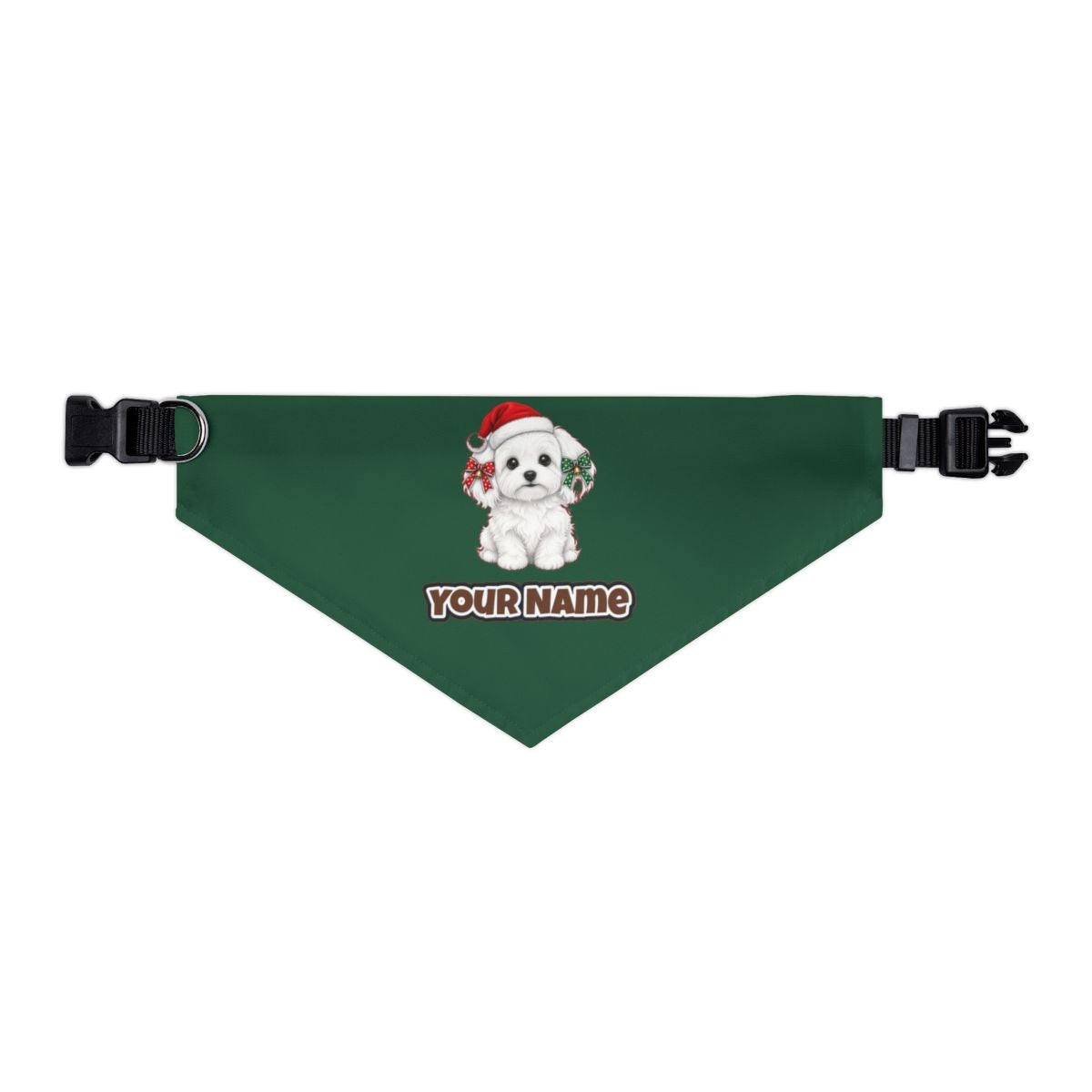 Maltese personalised Christmas pet bandana in green, collar with buckle