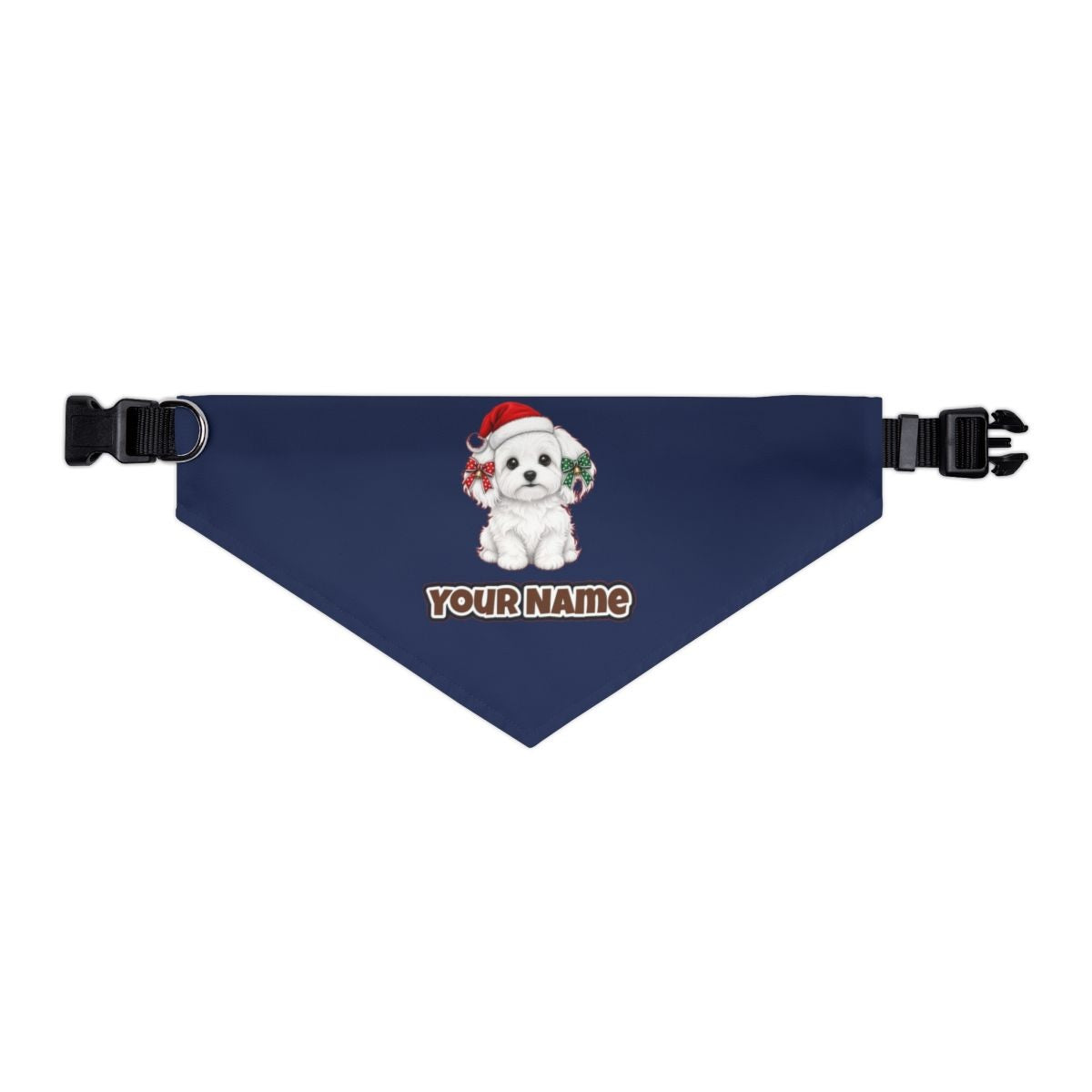 Maltese personalised Christmas pet bandana in navy, collar with buckle