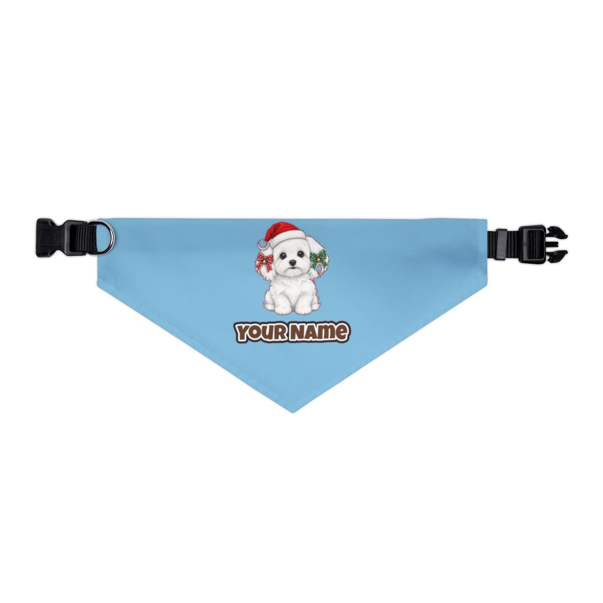 Maltese personalised Christmas pet bandana in sky blue, collar with buckle