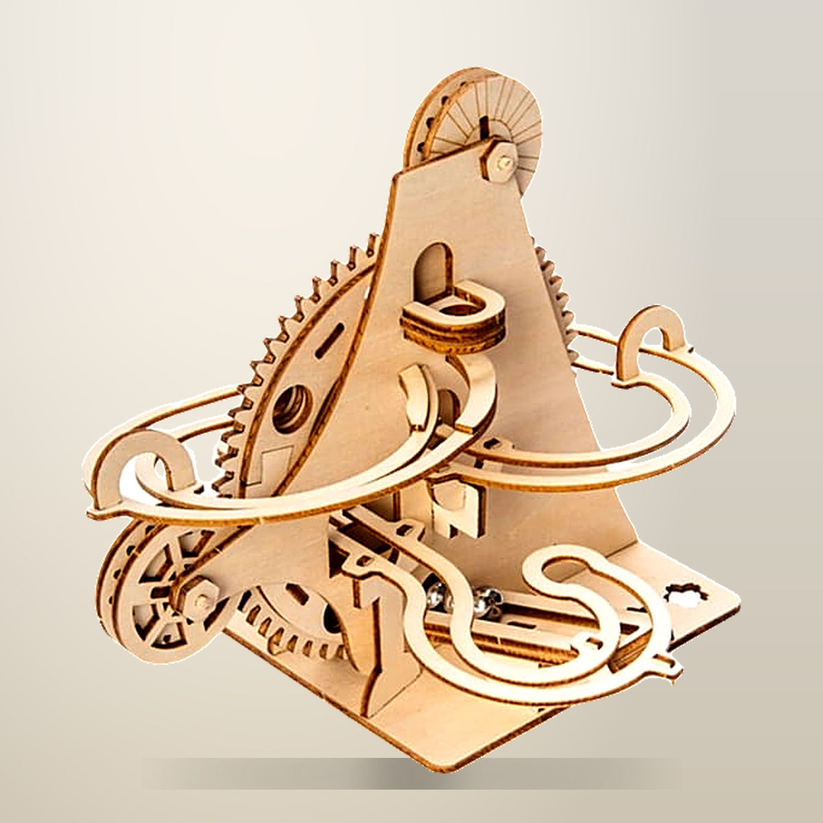 Solar Powered Wooden Marble Run Kit, on a plain cream background