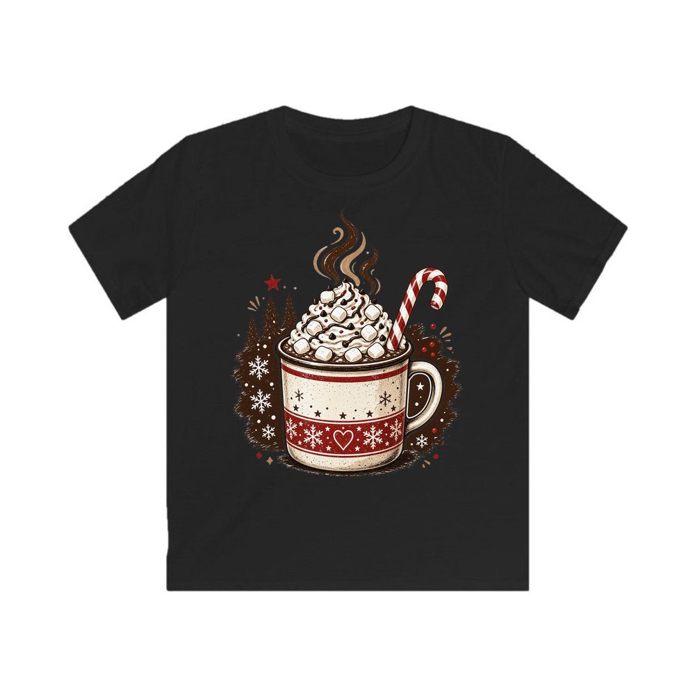 Marshmallow Hot Chocolate Mug personalised kids Christmas tee in black