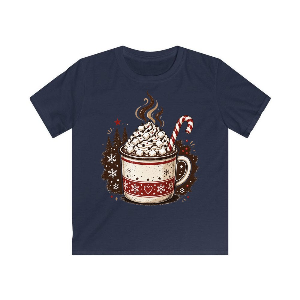 Marshmallow Hot Chocolate Mug personalised kids Christmas tee in navy