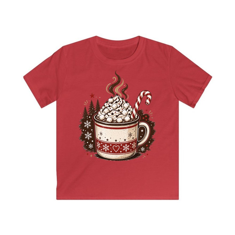 Marshmallow Hot Chocolate Mug personalised kids Christmas tee in red