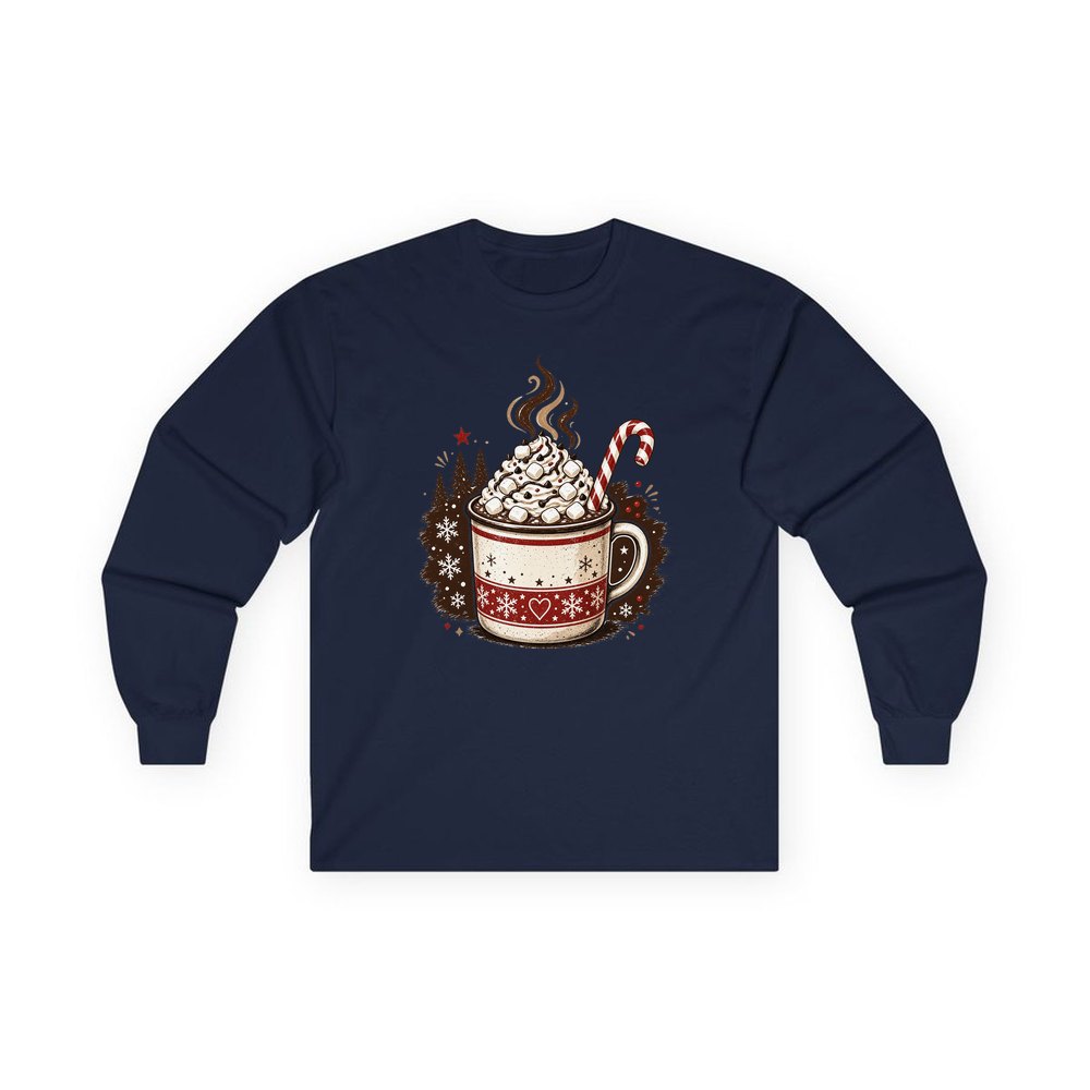 Marshmallow Hot Chocolate Mug personalised long sleeve Christmas T-shirt in navy