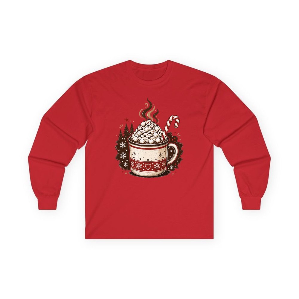 Marshmallow Hot Chocolate Mug personalised long sleeve Christmas T-shirt in red