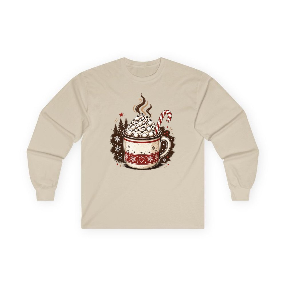 Marshmallow Hot Chocolate Mug personalised long sleeve Christmas T-shirt in sand