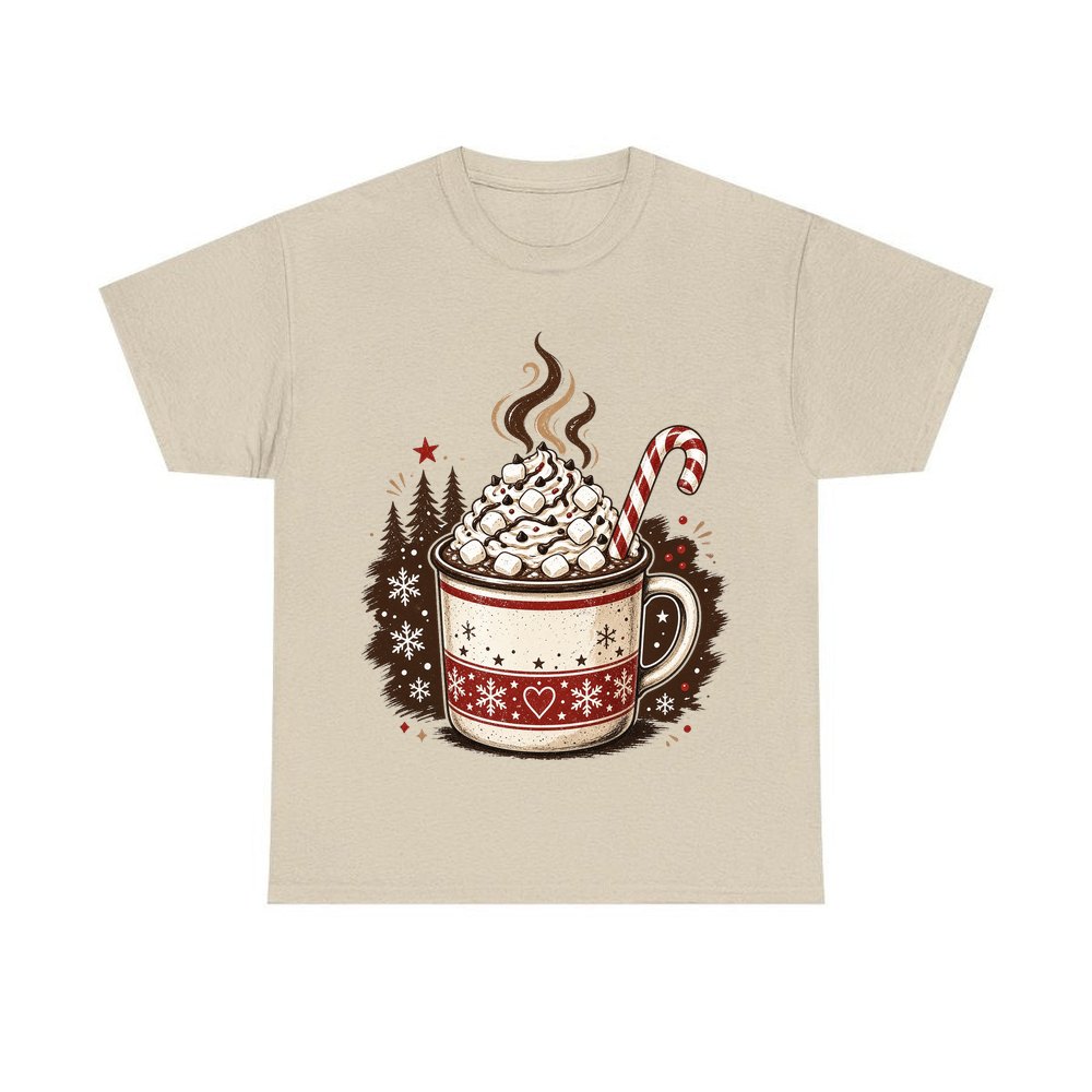 Marshmallow Hot Chocolate Mug personalised Christmas T-shirt in sand