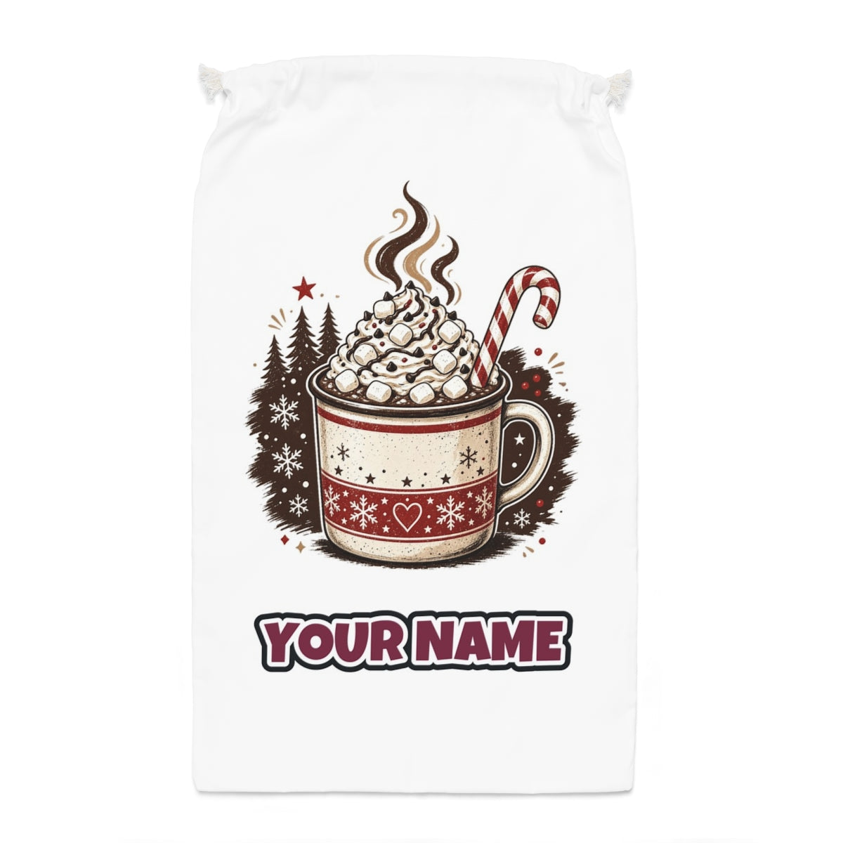 Marshmallow Hot Chocolate Mug Santa sack laid flat, showing the full print