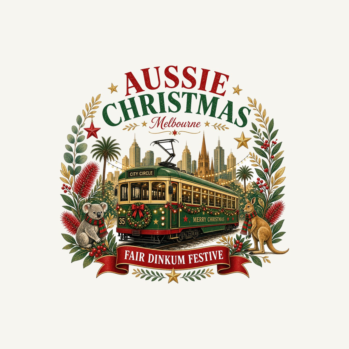 Melbourne Christmas Tram Personalised Kids Tee and Baby Bodysuit