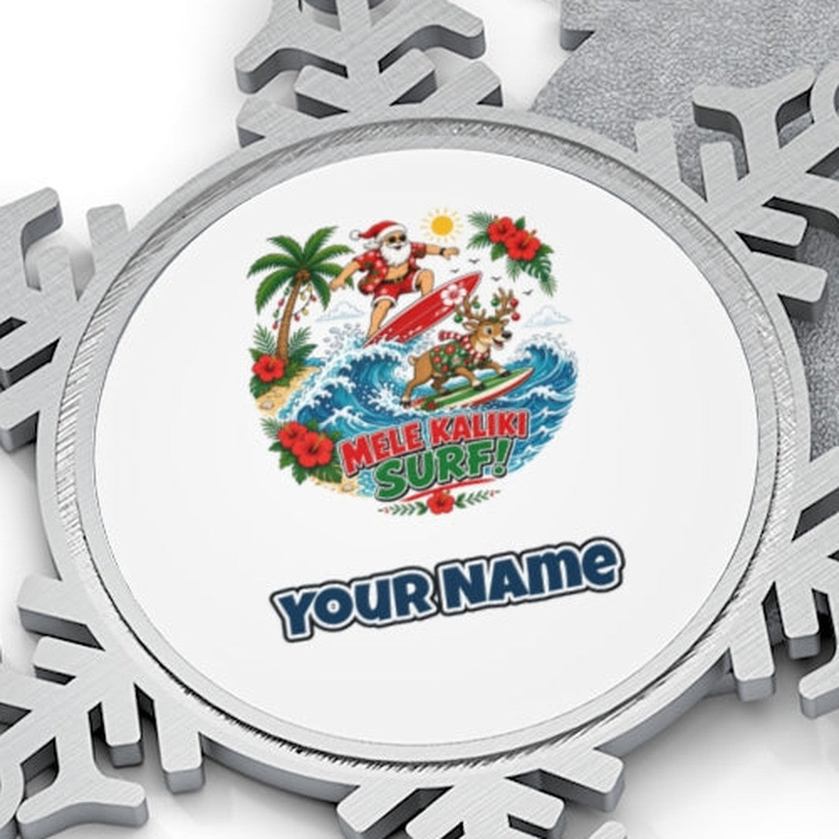 Mele Kaliki Surf Personalised Pewter Christmas Ornament