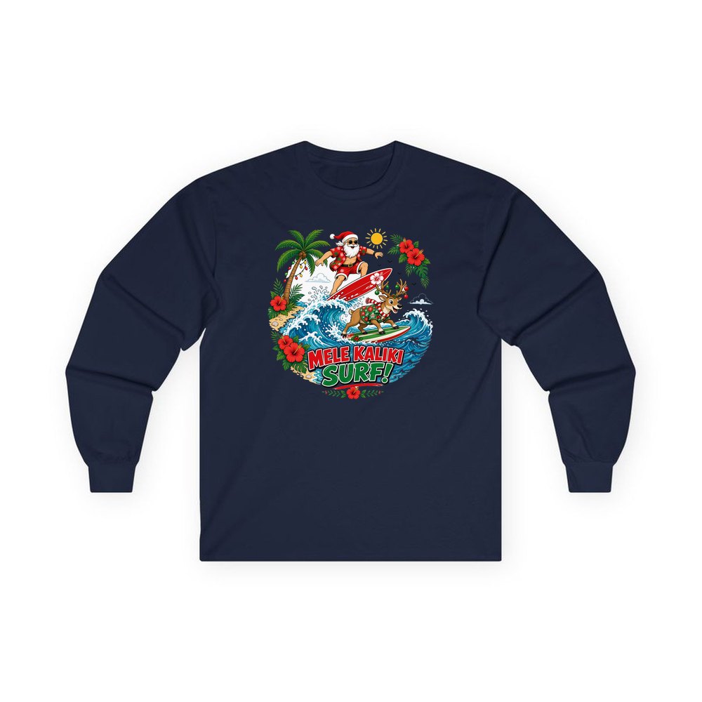 Mele Kaliki Surf personalised long sleeve Christmas T-shirt in navy