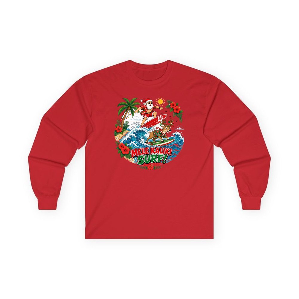 Mele Kaliki Surf personalised long sleeve Christmas T-shirt in red
