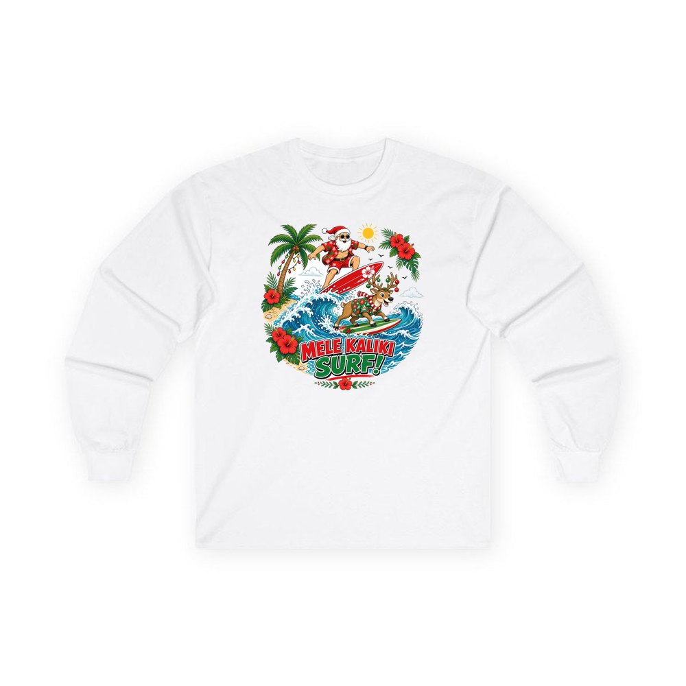 Mele Kaliki Surf personalised long sleeve Christmas T-shirt in white