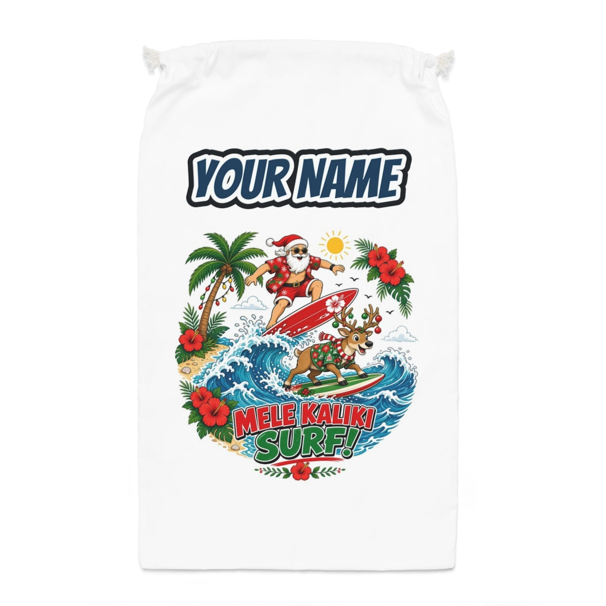 Mele Kaliki Surf Santa sack laid flat, showing the full print