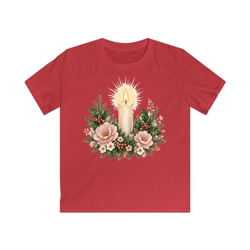 Memorial Candle and Blooms personalised kids Christmas tee in red