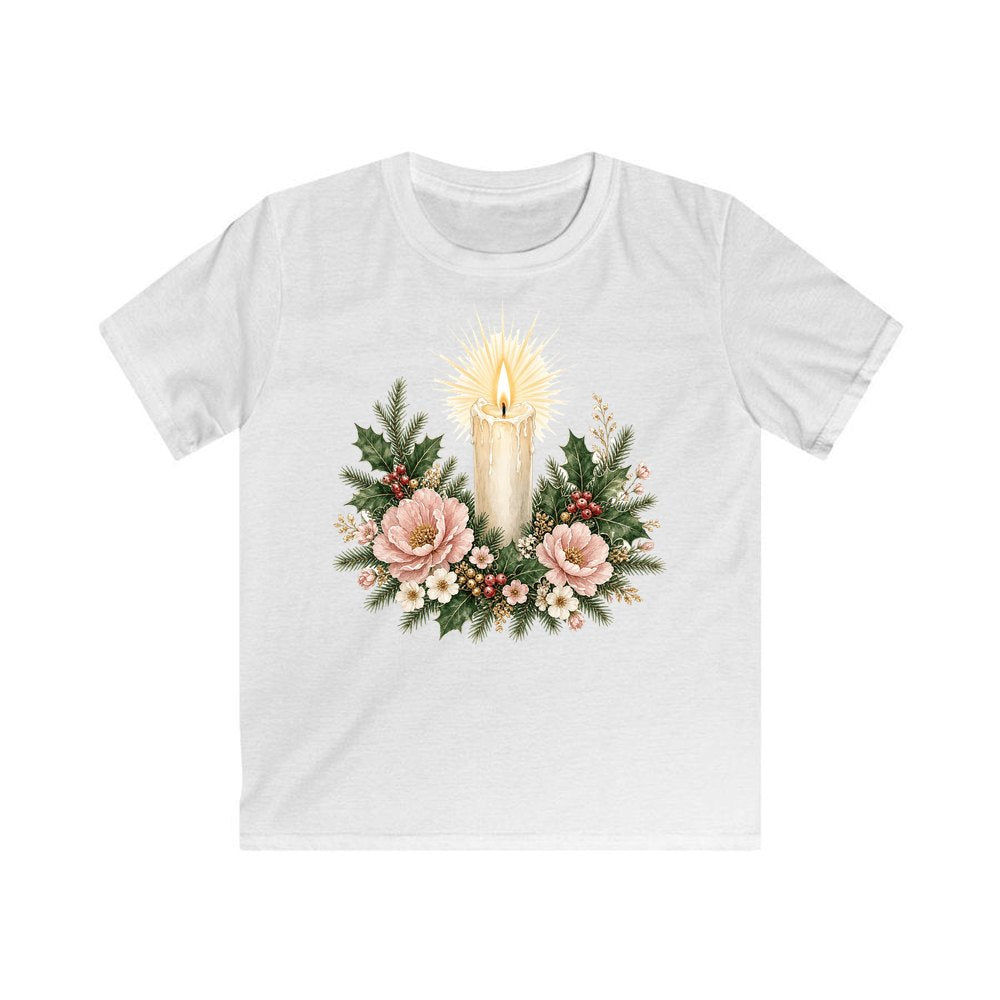 Memorial Candle And Blooms Kids Christmas Tee design on a white kids tee