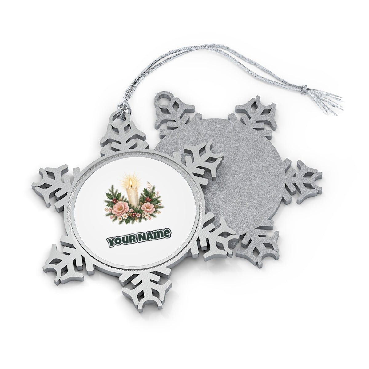 Memorial Candle and Blooms Personalised Pewter Christmas Ornament