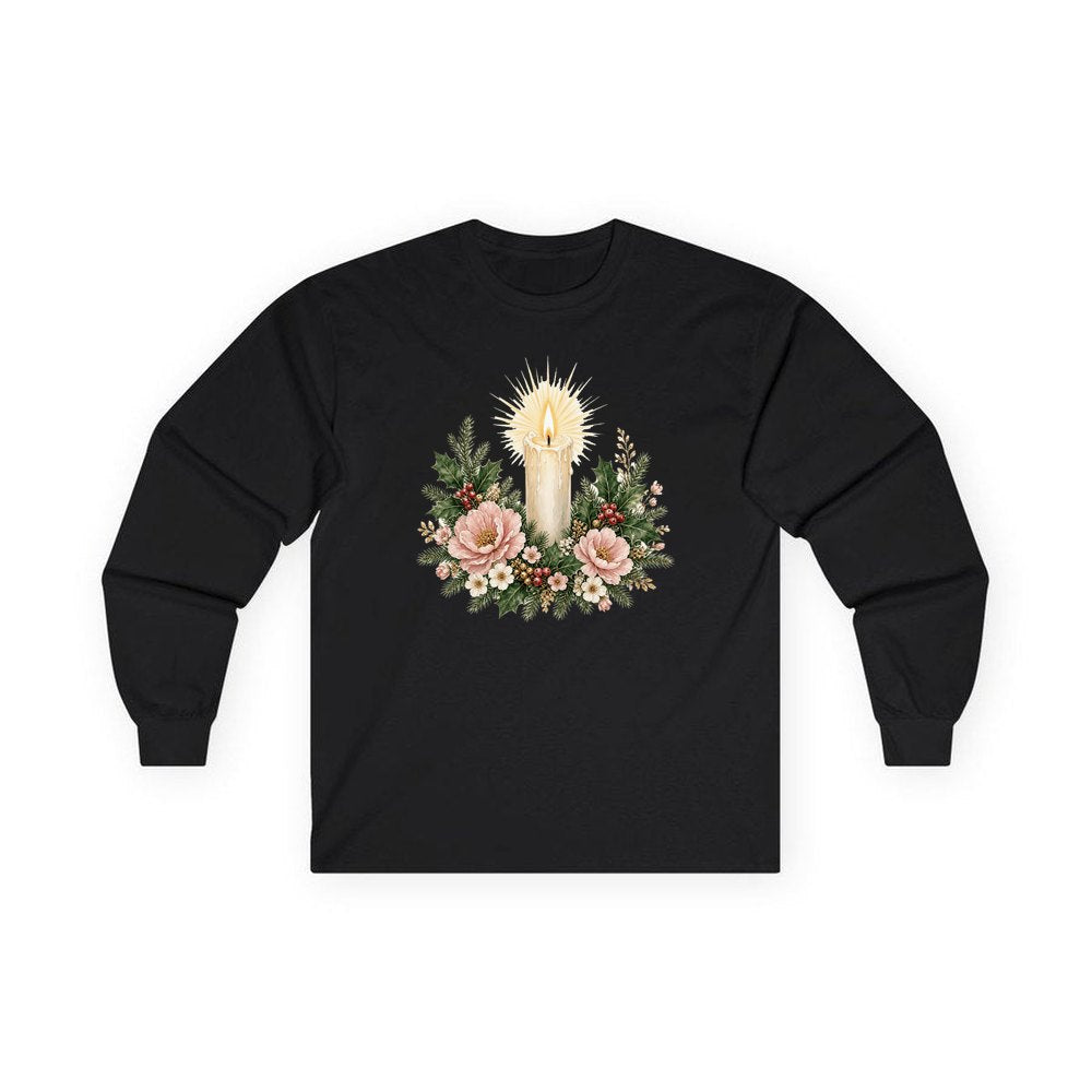 Memorial Candle and Blooms personalised long sleeve Christmas T-shirt in black