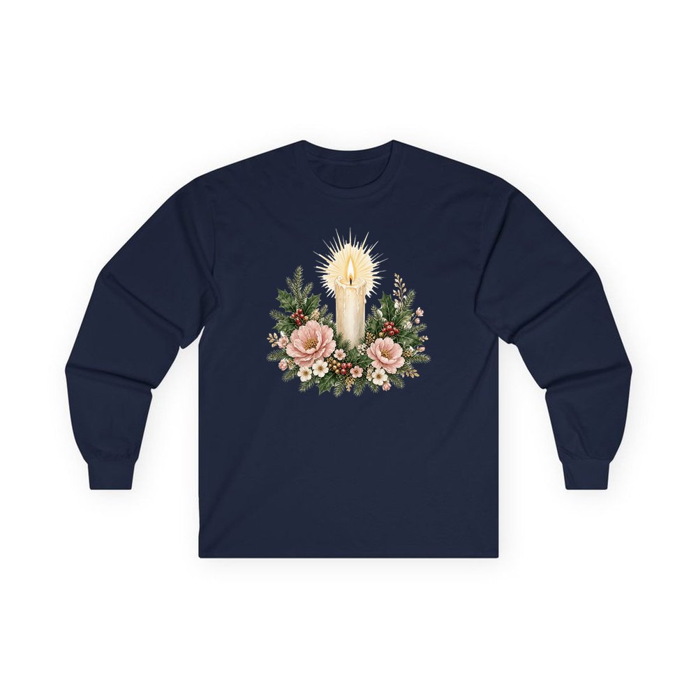 Memorial Candle and Blooms personalised long sleeve Christmas T-shirt in navy