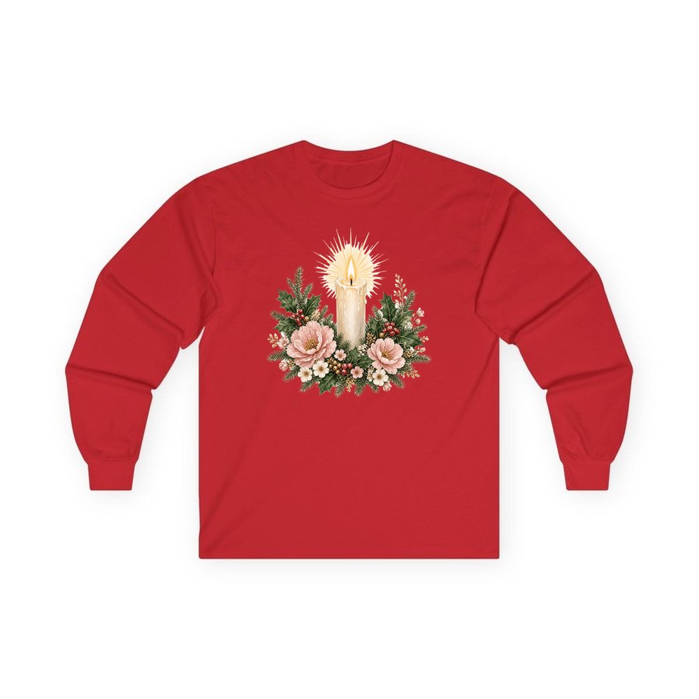 Memorial Candle and Blooms personalised long sleeve Christmas T-shirt in red