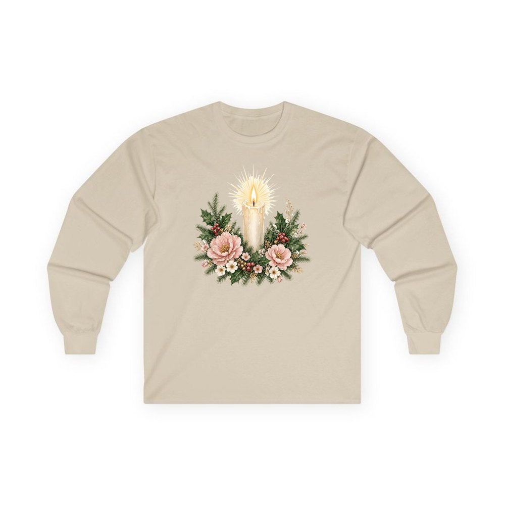 Memorial Candle and Blooms personalised long sleeve Christmas T-shirt in sand