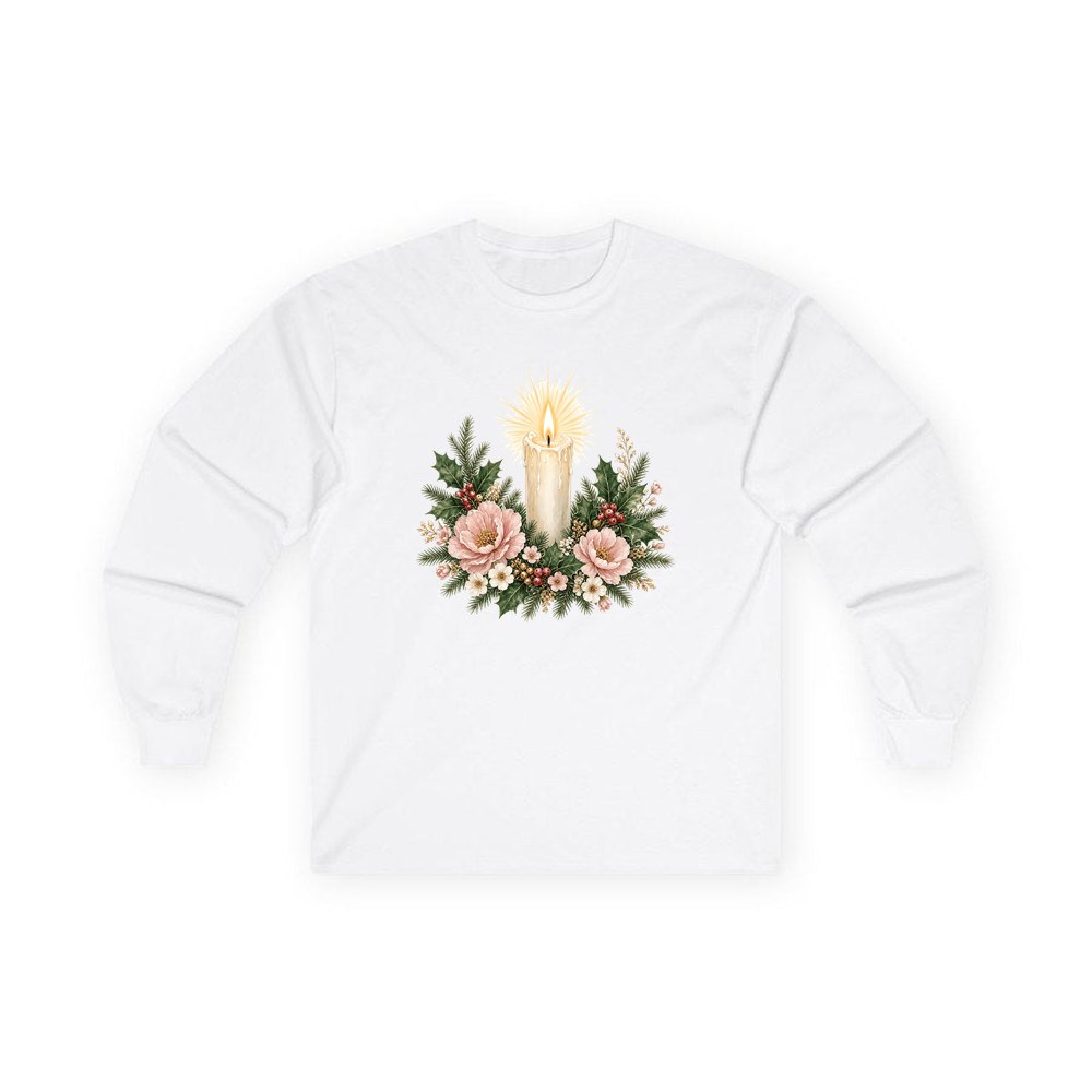 Memorial Candle and Blooms personalised long sleeve Christmas T-shirt in white