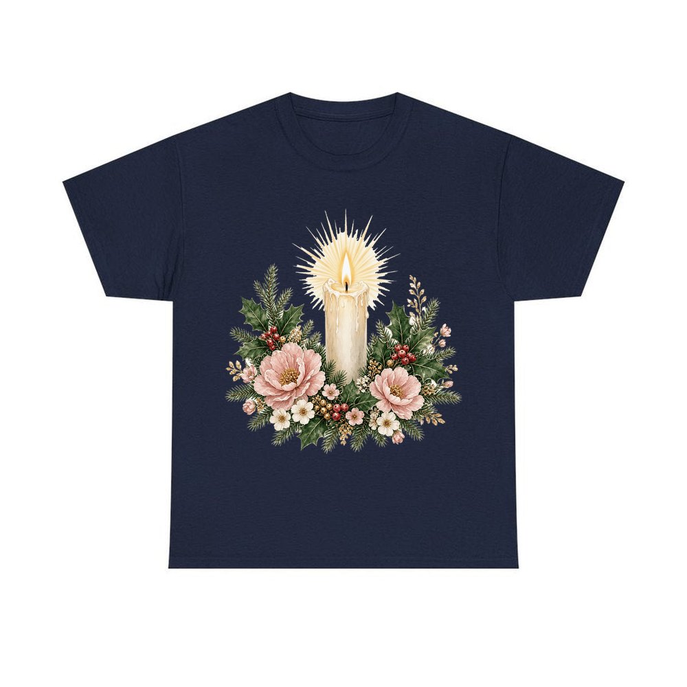 Memorial Candle and Blooms personalised Christmas T-shirt in navy