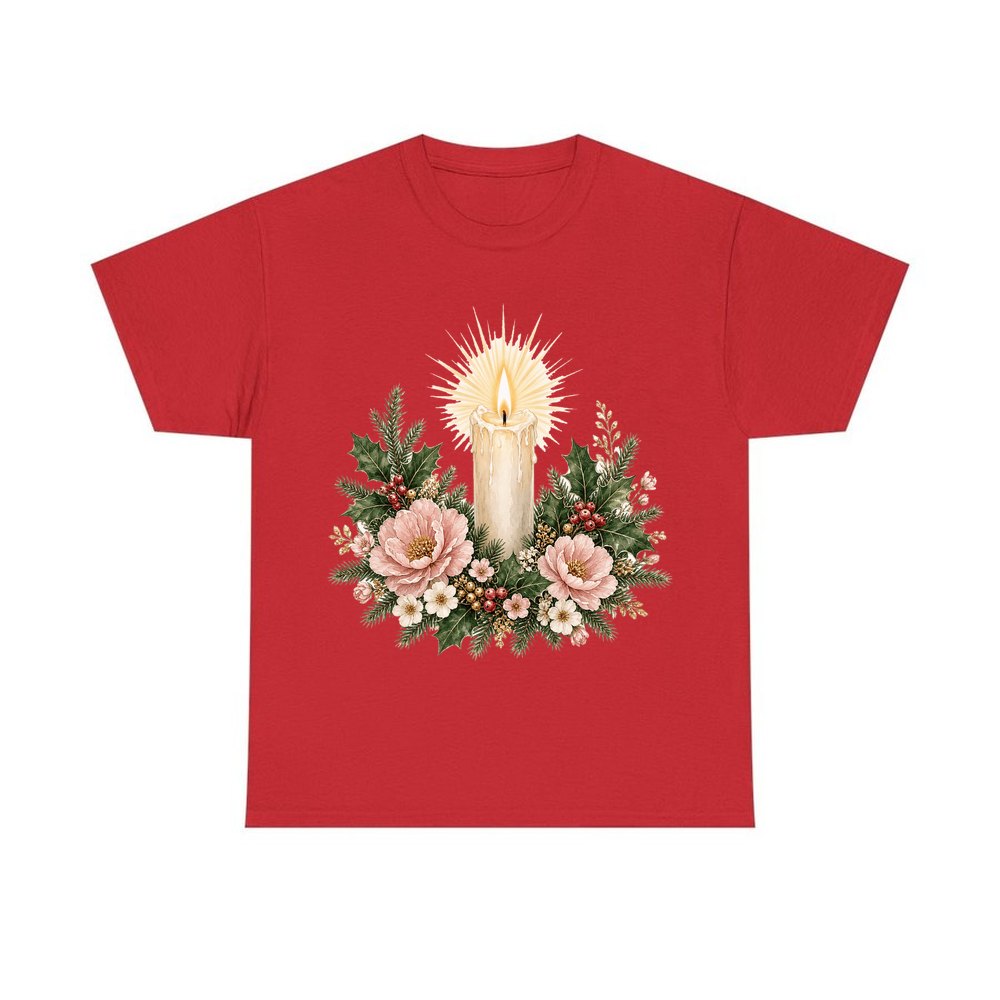 Memorial Candle and Blooms personalised Christmas T-shirt in red