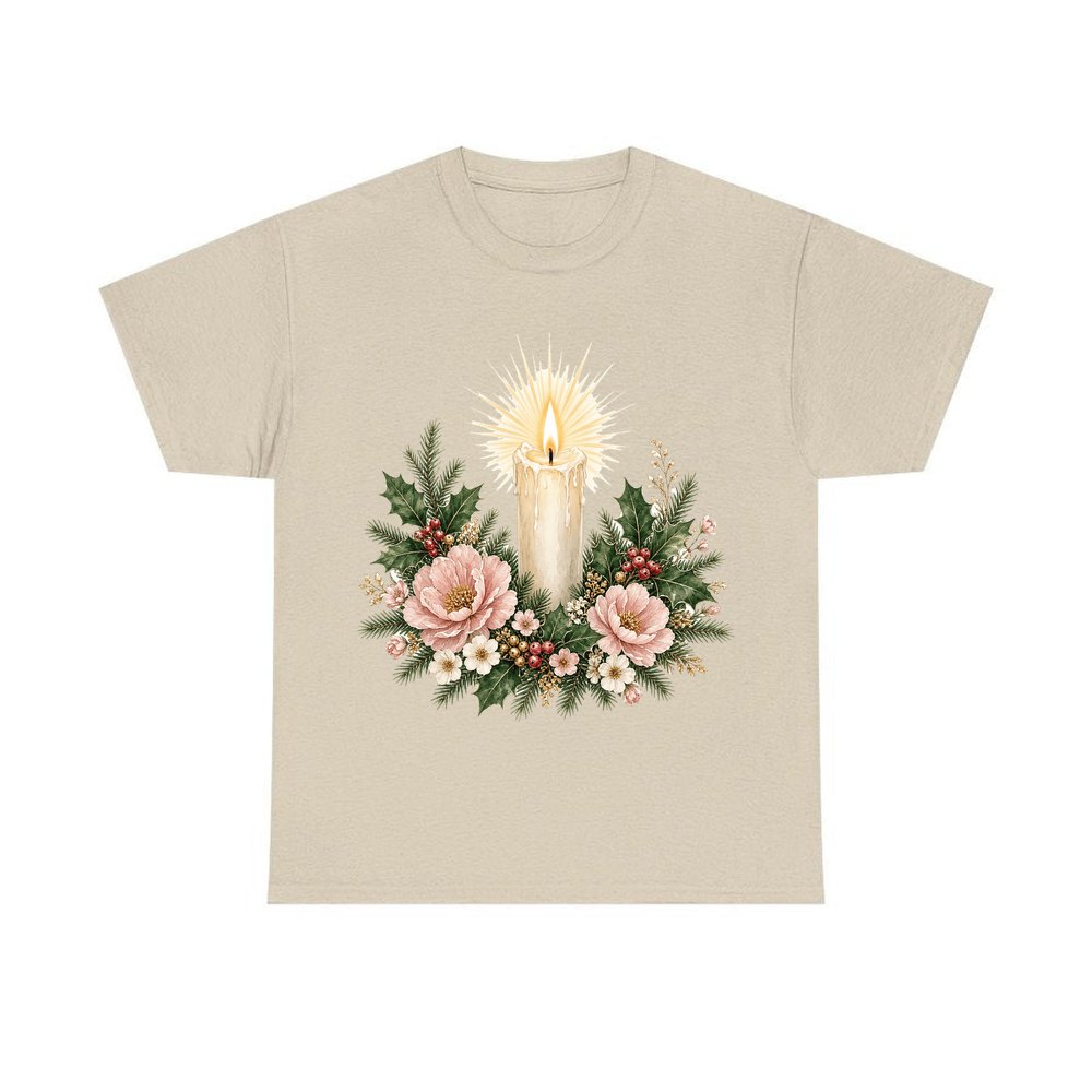 Memorial Candle and Blooms personalised Christmas T-shirt in sand