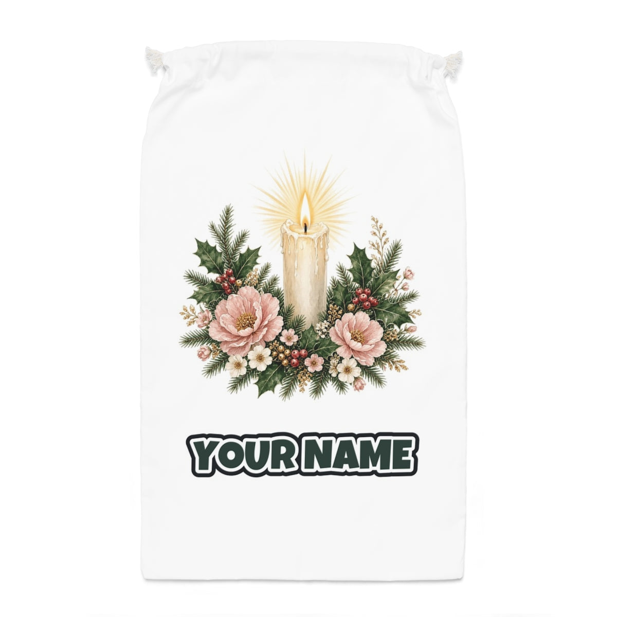 Memorial Candle and Blooms Santa sack laid flat, showing the full print